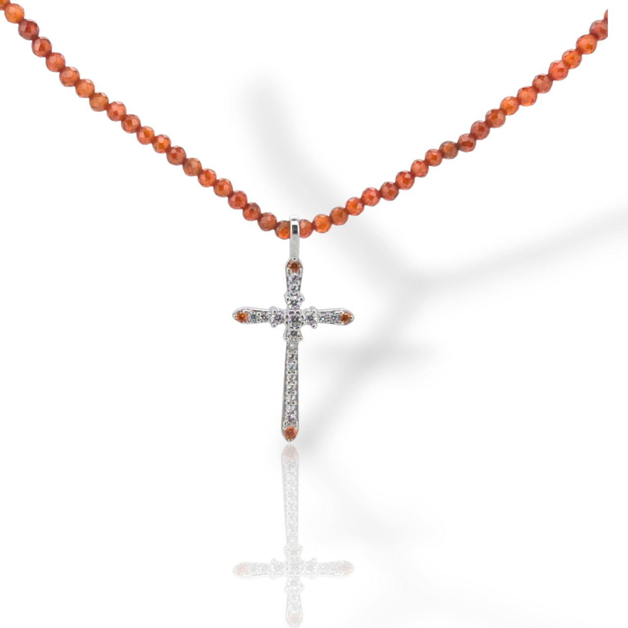 Κολιέ ασημένιο επιπλατινωμένο με χάντρες και λευκά ζιργκόν (code BEN400/CAR)